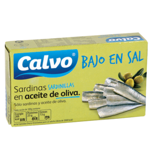 Sardinillas en aceite de oliva bajas en sal Calvo