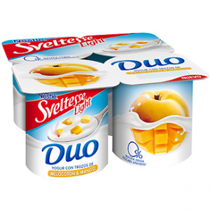 Yogur desnatado 0% con trozos de melocotón y mango Sveltesse Duo Nestlé